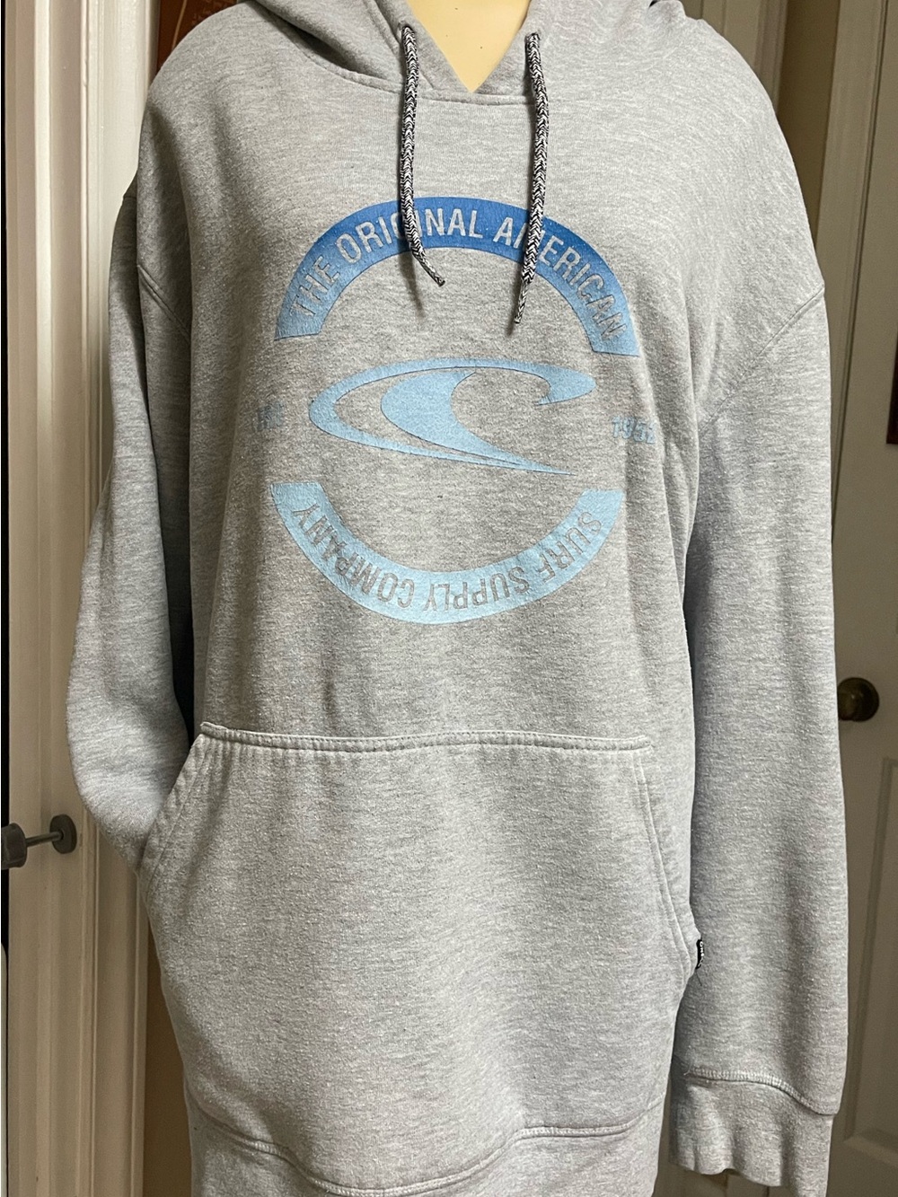 Light Gray Hooded Sweatshirt with Blue Logo - Men's Hoodie